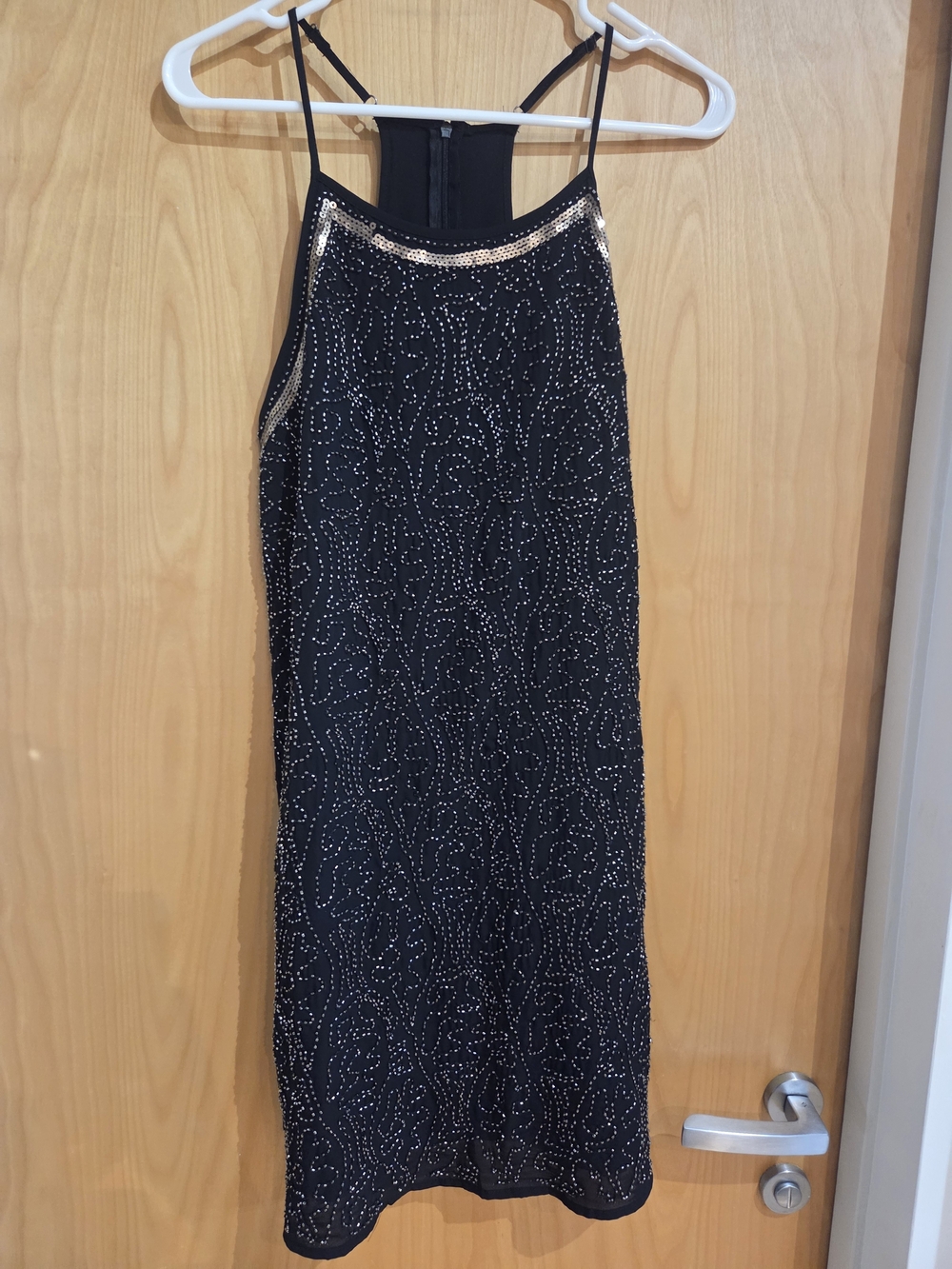 Francesca's Collections Black Beaded Halter Mini Dress with Metallic Trim